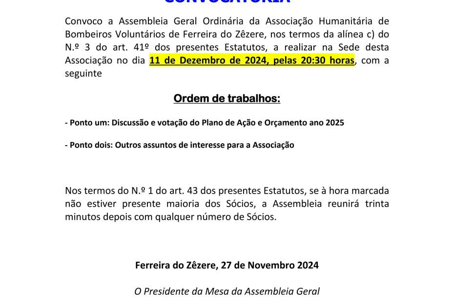 Convocatória Dia 11 de Dezembro - 20:30H